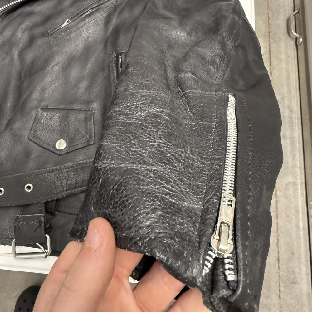 Unbranded Leather Motorcycle Jacket Mens 48 Black Fair Belted Side Lace Biker - Picture 2 of 7
